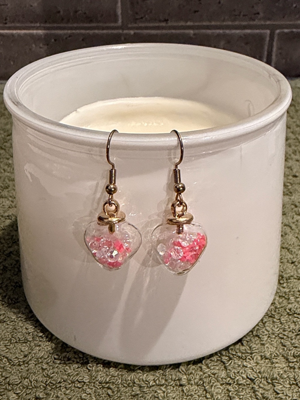 Gold Tone Pink Heart Glass Drop Earrings Clear and Pink Crystal Jewelry